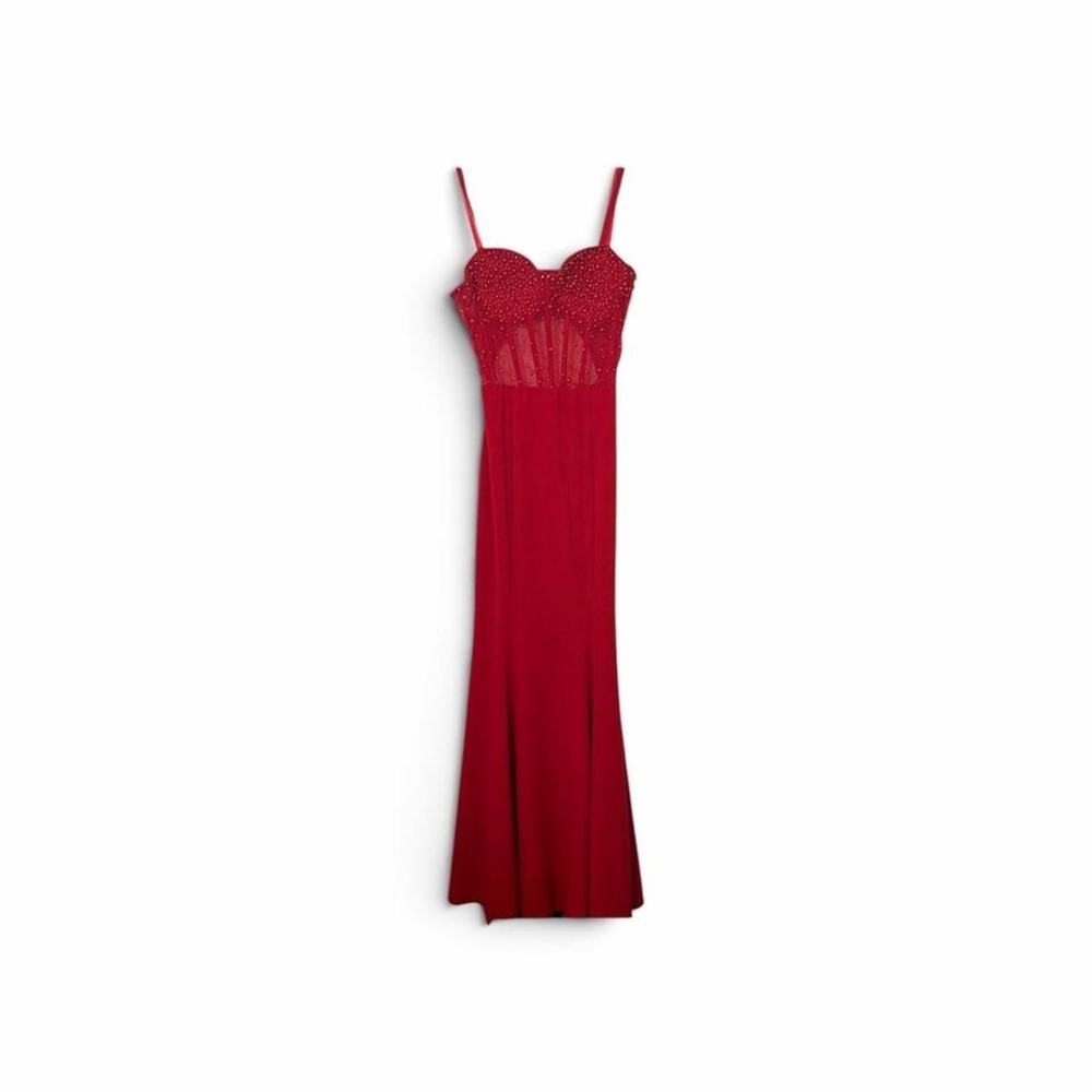 Red Beaded Bodice Sheer Panel Maxi Dress Formal Evening Gown Sweetheart Neckline
